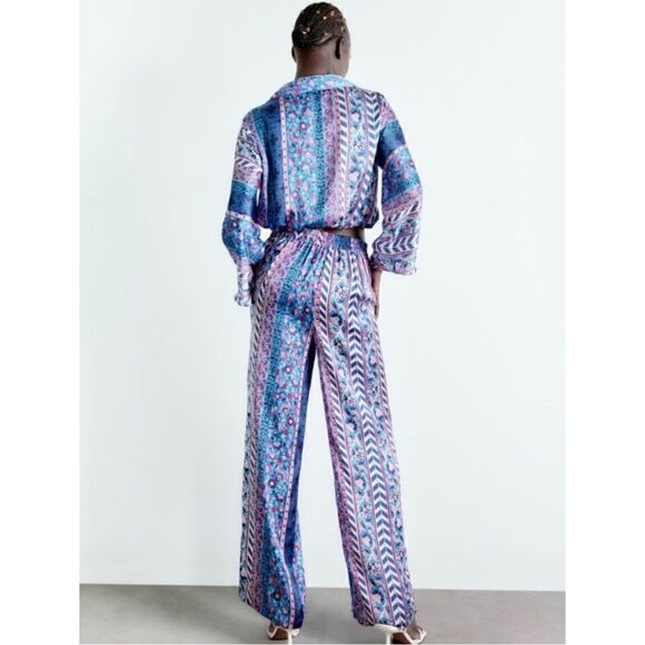 NWT Zara Satin Effect High Waisted Wide Leg Printed Pants, Size Medium - Picture 8 of 16